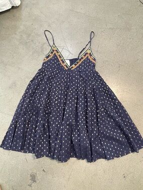 Area Dtars Navy Polka Dot Sundress with Colorful Embroidered V-Neck size L